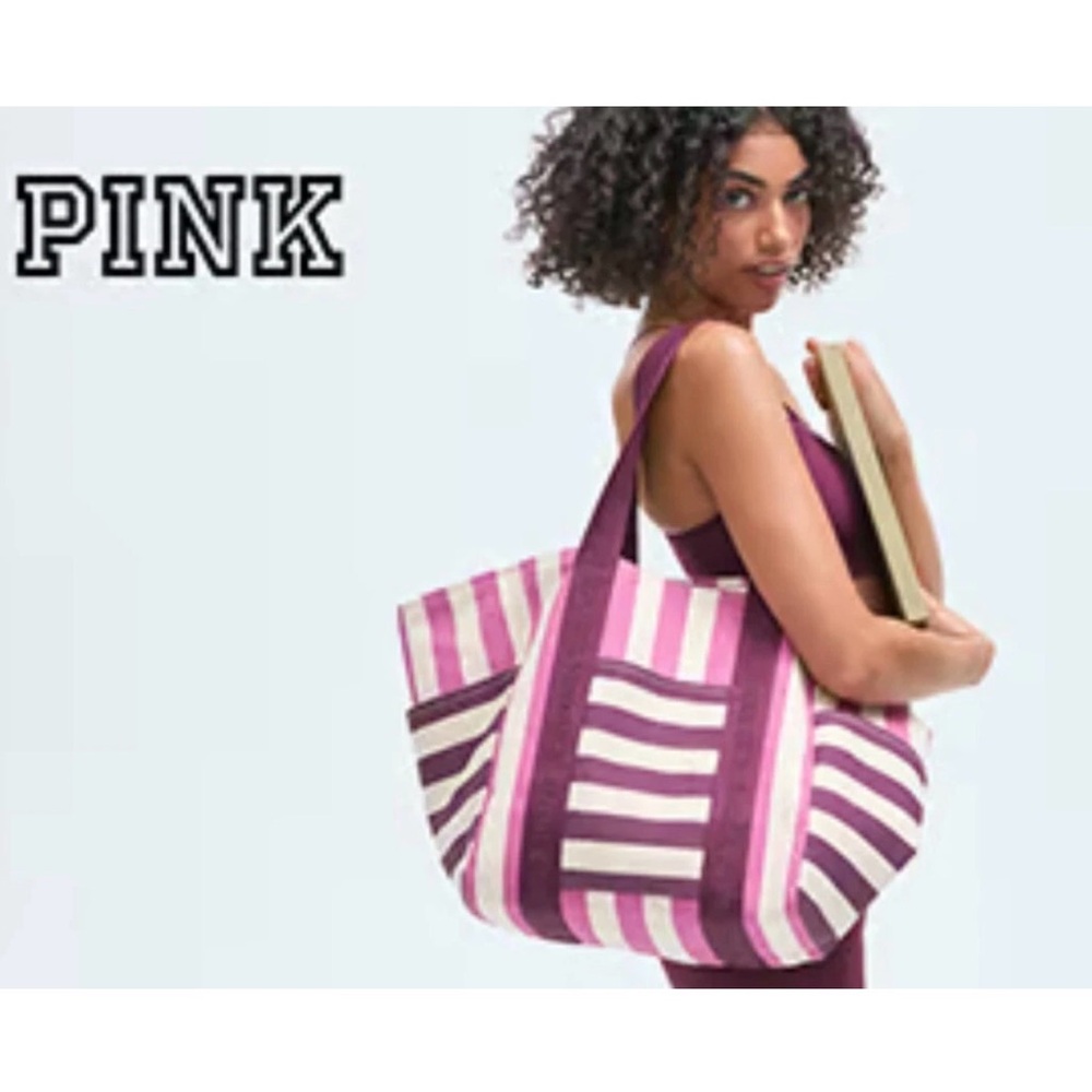 NEW Victoria’s Secret PINK Striped Large Tote Weekender Canvas Bag Limited Ed.